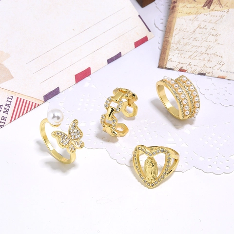 18K Gold Plated Copper Zirconia Artificial Pearl Butterfly Heart Virgin Mary Chain Adjustable Open Rings Women Jewelry