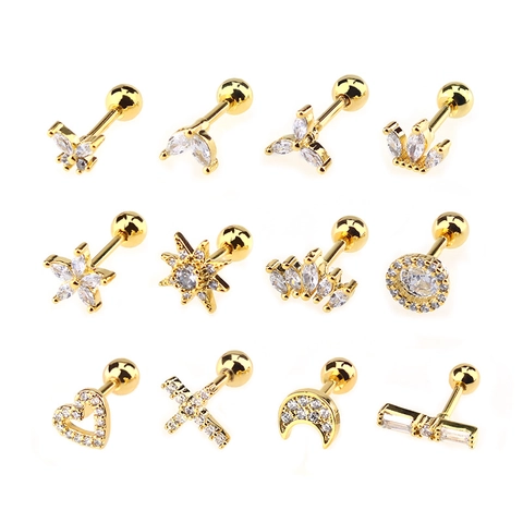 Heart Star Moon Zircon Copper Stud Earrings Gold Silver Plated Screw Back Ear Bone Piercing Jewelry For Women