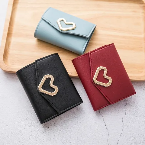Elegant Women Short Wallet PU Leather Gold Heart Buckle Tri-fold Multi Card Slots Photo Window Fashionable Ladies Purse
