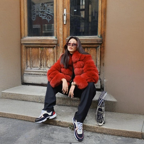 Women Faux Fur Jacket Cropped Short Coat Thick Warm Fluffy Horizontal Tiered Outerwear Winter Commute Fashion