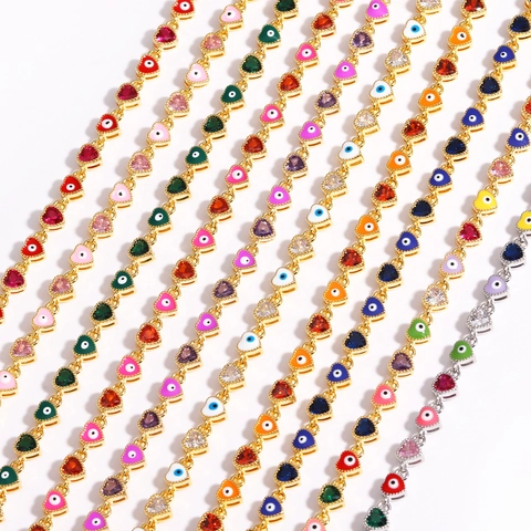 Herzförmiges Evil Eye Armband Messing Vergoldet Bunte Emaille Zirkonia Verstellbare Gliederkette Modeschmuck Für Damen