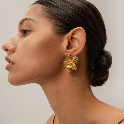 Vintage Flower Earrings Stainless Steel Hammered Texture With 925 Sterling Silver Earring Post Gold Plated Jewelry For Women