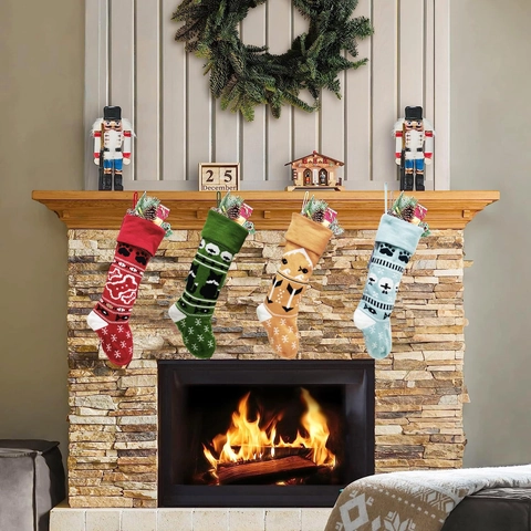 Christmas Stockings Knitted Pet Pattern Paw Bone Fish Fireplace Hanging Gift Bags Xmas Holiday Decor