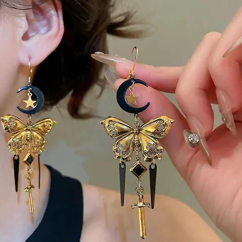 Pendientes Colgantes Góticos De Mariposa Luna Estrella Con Poste De Plata De Ley 925 Espada Vintage Daga Borla Larga Joyería