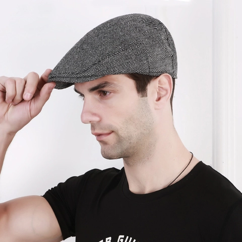 Herringbone Flat Cap Men Wool Blend Vintage British Style Newsboy Ivy Gatsby Hat Breathable Outdoor Sunshade