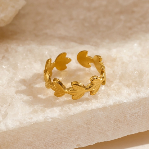 Anillo De Hoja Minimalista Acero Inoxidable Chapado En Oro 18K Ajustable Joyería Abierta Diseño Rama Olivo