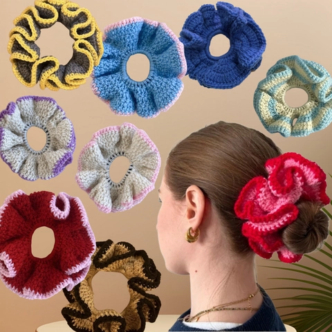 Handmade Crochet Ruffle Hair Scrunchie Polyester Large Elastic Ponytail Holder Retro Sweet Style For Women