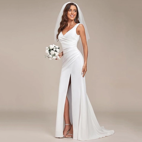 Elegante Abito Da Sposa Senza Maniche Con Scollo A V Profondo Arricciato Spacco Alto Strascico In Satin Bianco
