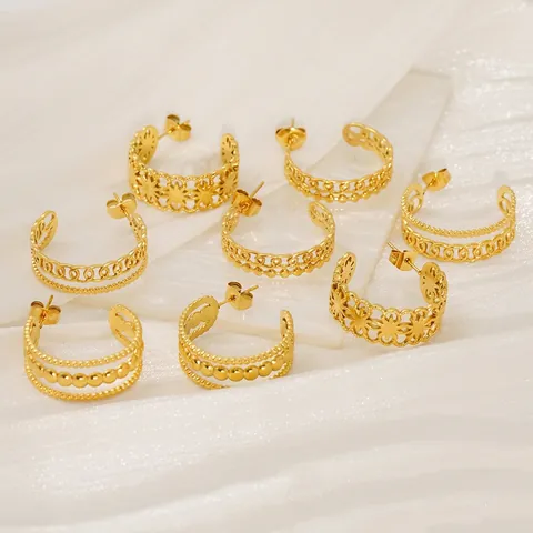 Französische Vintage Durchbrochene Geometrische Creolen Edelstahl 18K Vergoldet Strukturierte C Form Schmuck Für Damen