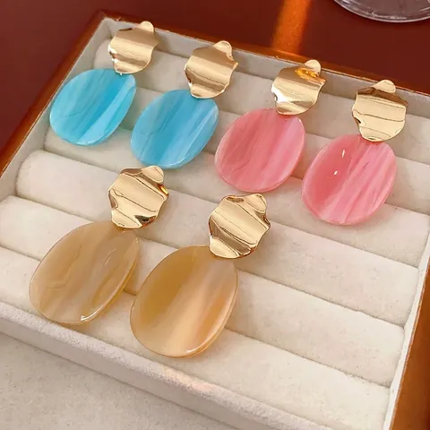 Orecchini Pendenti Ovali In Acrilico E Metallo Ondulato Irregolare Vintage Con Perno In Argento Gioielli Di Moda Donna