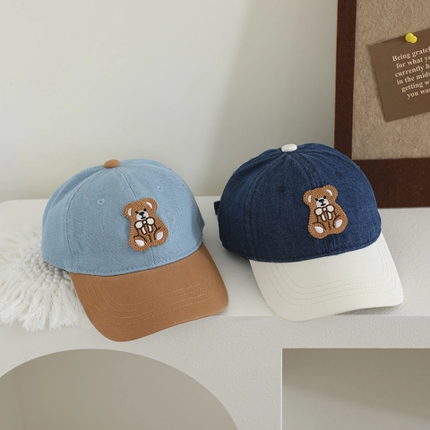 Gorra De Béisbol Para Niños Denim Bordado De Oso Color En Contraste Visera Curva Sombrero De Sol Ajustable Estilo Casual