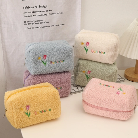 Plüsch Federmäppchen Tulpe Stickerei Kosmetiktasche Vlies Aufbewahrungstasche Sunshine Muster Reißverschluss Schule Schreibwaren Organizer