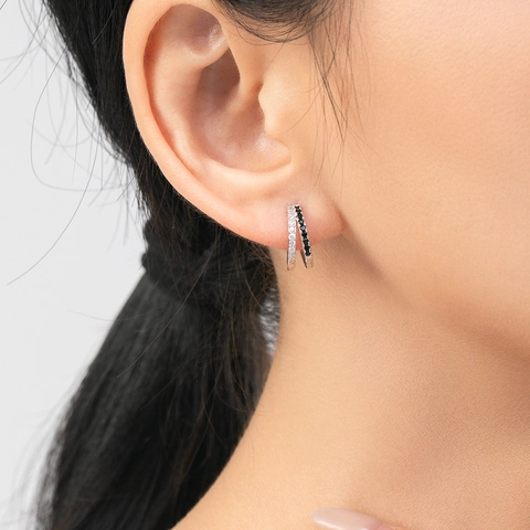 Orecchini A Cerchio In Argento Sterling 925 Con Zirconi Neri E Bianchi A Doppia Fila Eleganti Per Donna
