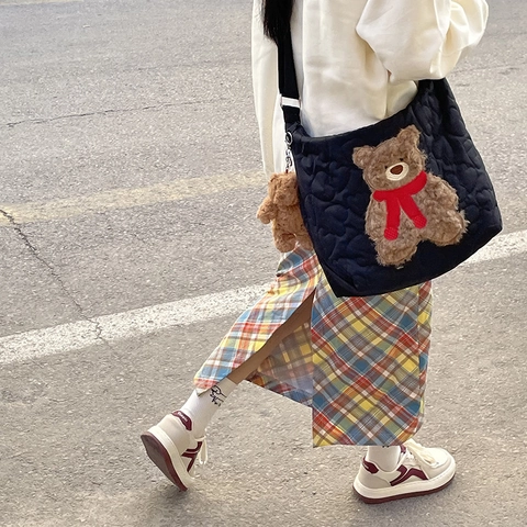 Women Quilted Tote Bag Japanese Style Cartoon Bear Puppy Embroidered Large Capacity Adjustable Shoulder Crossbody Bag