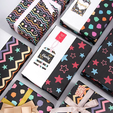 Black Gift Wrapping Paper Wood Free Paper Neon Geometric Patterns For DIY Crafts Book Covers Festive Party Gift Box
