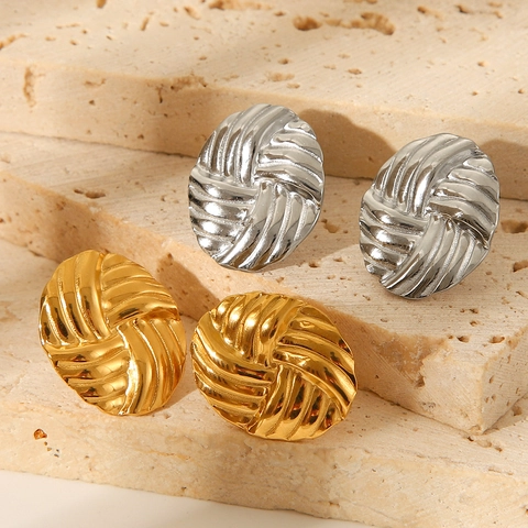 Pendientes De Botón Ovalados Tejidos Acero Inoxidable Chapado En Oro 18K Estilo Retro Ins Joyas Para Mujeres