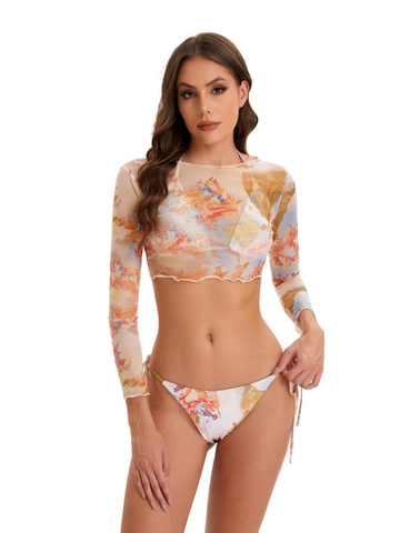 Bikini Da Donna Con Stampa Floreale E Copricostume In Rete A Maniche Lunghe Costume Da Bagno In Poliestere
