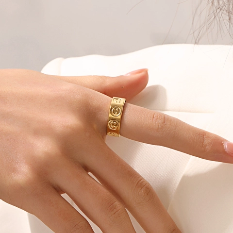 Smiley Face Ring Stainless Steel 18K Gold Plated Adjustable Open Wide Band Geometric Hip Hop Fashion Jewelry For Women