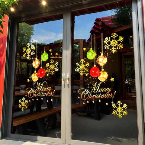 Christmas Window Static Stickers Gold Snowflake Colorful Ball Merry Christmas Lettering PVC Decals For Shop Decoration