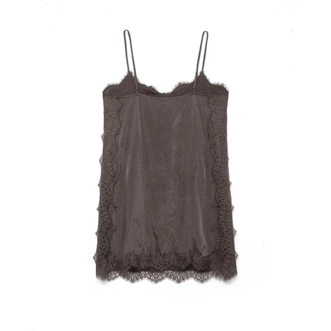 Women Satin Camisole Top With Eyelash Lace Trim Spaghetti Strap V Neck Sexy Slim Fit Coffee Brown