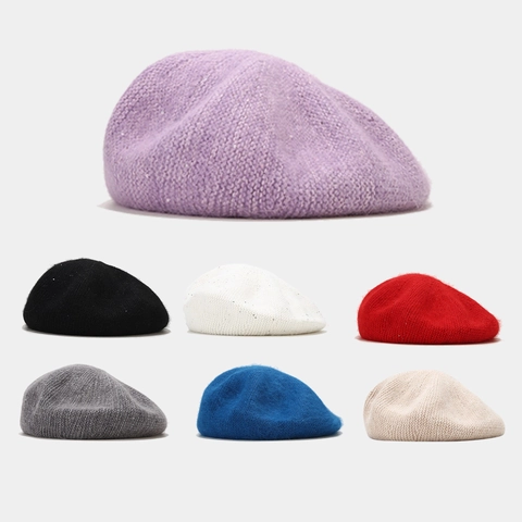 Boina De Punto Para Mujer Con Lentejuelas Mezcla De Pelo De Conejo Suave Cálida Invierno Moda Gorra De Artista Color Sólido