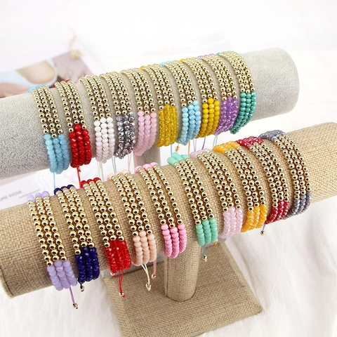 Bohemian Colorful Crystal Glass Beaded Bracelet Set For Women Adjustable Braided Cord Copper Beads Geometric Jewelry Hand Woven Bracelet