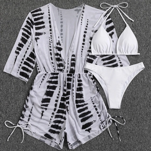 Dames Badmode Bikini Halter Top Triangle Bottom Mesh Romper Cover Up Tie Dye Print Polyester Spandex Beachwear