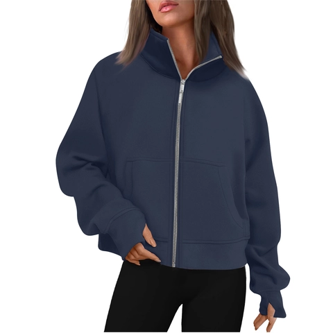 Women Stand Collar Full Zip Sweatshirt Fleece Lined Long Sleeve Casual Sporty Jacket With Thumb Holes Solid Color