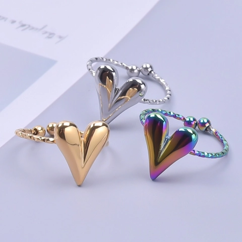 Edelstahl Herzring 18K Vergoldet Regenbogen Verstellbar Gedrehtes Band Offen Retro Minimalistischer Schmuck Für Damen Herren