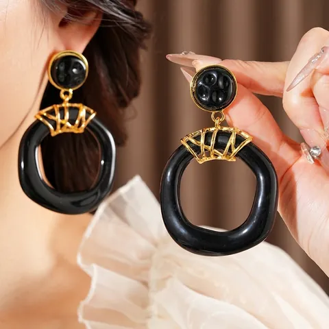 Pendientes Colgantes Geométricos Vintage Con Aro Irregular De Resina Y Poste De Plata Retro Negro Oro Estilo Para Mujeres