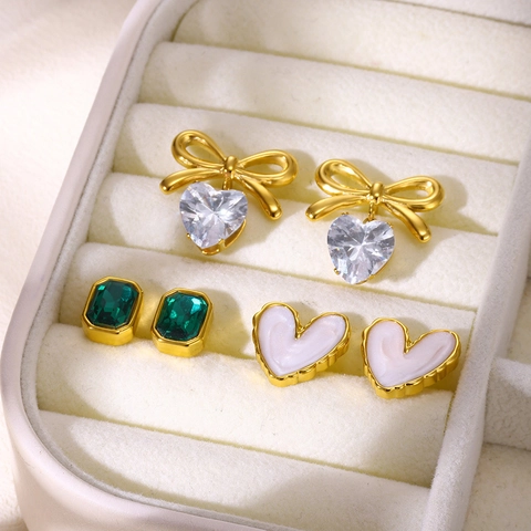 Edelstahl Herz Schleife Zirkonia Ohrstecker Für Damen Frisch Süß Vergoldete Geometrische Ohrringe Schmuck Geschenk
