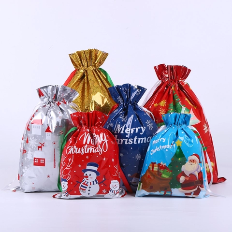 Christmas Drawstring Gift Bags Metallic Plastic Candy Packaging Ribbon Closure Holiday Party Decor Santa Snowman