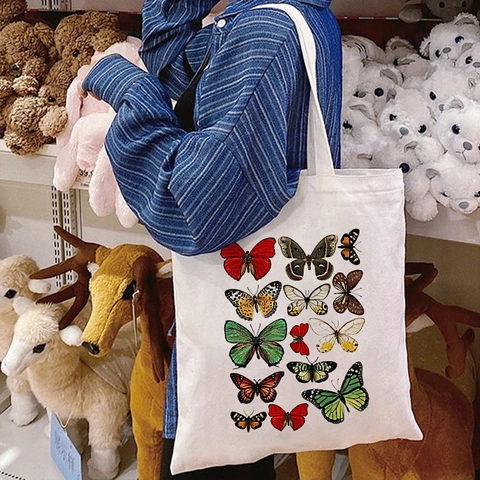 Butterfly Floral Canvas Tote Bag Shoulder Handbag Vintage Reusable Shopping Grocery Travel Casual For Women