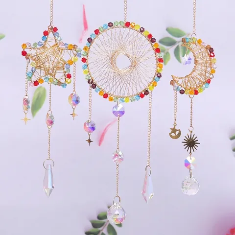 Crystal Suncatcher Prism Pendant Golden Wire Wrapped Star Moon Circle Window Hanging Decor Colorful Beads Boho Style