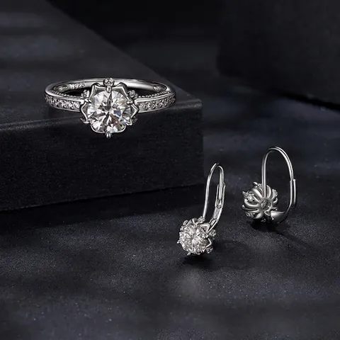925 Sterling Silver Moissanite Jewelry Set For Women Round Cut Moissanite Ring And Earrings Set With Zirconia Luxury Jewelry