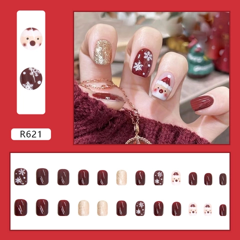 Christmas Press On Nails Wine Red Gold Glitter Santa Claus Snowflake Short Square ABS Festive Fake Nails For Women
