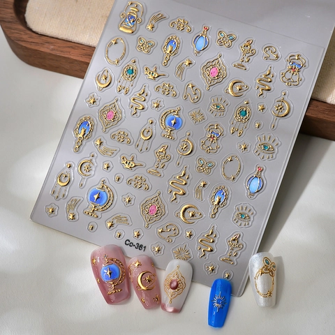Reliëf Nagelstickers Ster Maan Metallic Vergulden Vintage Magische Lamp Stijl Waterdicht DIY Nagelkunst Decals Maniküre