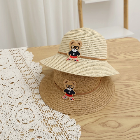 Kinder Strohhut Sonnenhut Papier Gewebt Atmungsaktiv Breite Krempe Cartoon Bär Patch Mit Brille Süßer Sommer Strandhut