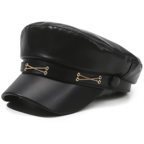Retro Newsboy Cap For Women PU Leather Octagonal Beret Hat With Metal Chain Adjustable Flat Top Sailor Cap