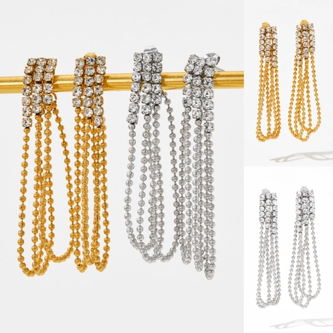 Boucles D'oreilles Longues À Pampilles En Acier Inoxydable Strass Élégant Fête Mariage Mode Femmes