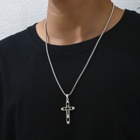 Collar Con Colgante De Cruz Acero Inoxidable Hueco Geométrico Joyería Religiosa Moda Minimalista Para Hombre Mujer Plata