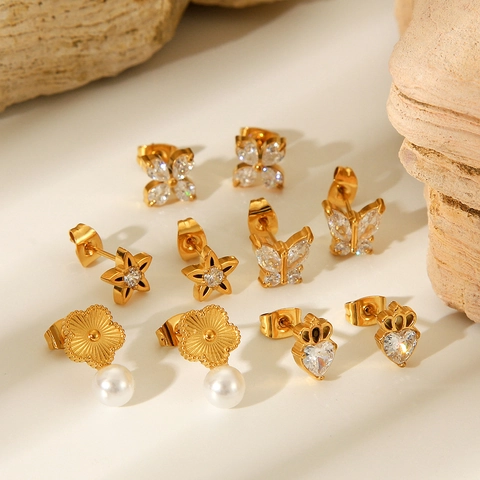 Fashion Butterfly Star Heart Zircon Stud Earrings Stainless Steel With Artificial Pearl 18K Gold Plated Jewelry For Women