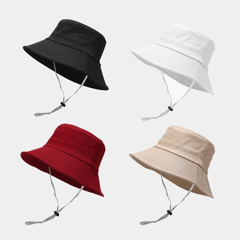 Wide Brim Bucket Hat Solid Color Cotton Twill Breathable UV Protection Outdoor Fisherman Hat With Adjustable Windproof Rope