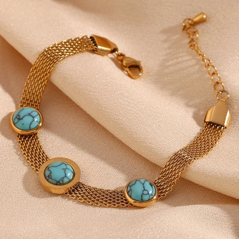 Bracciale a Catena a Maglia in Acciaio Inossidabile Placcato Oro 18K Vintage per Donna Bracciale con Ciondoli a Numeri Romani e Turchese Artificiale Tondo Gioielli di Moda