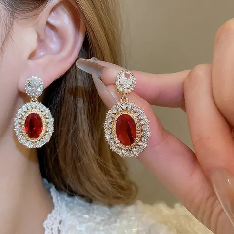 Pendientes Ovalados De Circón Rojo Estilo Palacio Retro Con Poste De Plata Cobre Chapado En Oro Joyas Para Mujeres