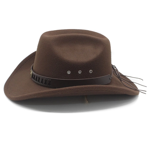 Chapeau De Cow-Boy Western En Feutre De Laine Large Bord Avec Bande En Cuir Boucle De Taureau En Métal Style Vintage