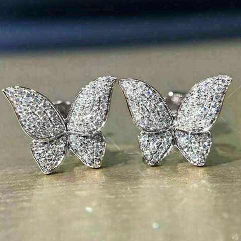 Boucles D'oreilles Puces Papillon Cuivre Micro Pavé Zircone Doux Cool Tendance Brillant Style Fée Pour Femmes