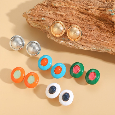 Franse Vintage Koperen Emaille Oorknopjes Geometrische Ovale Emaille Contrast Kleur Oorbellen Voor Vrouwen Sieraden