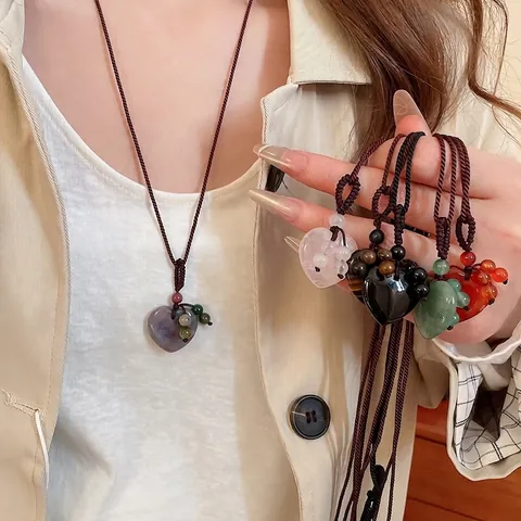 Collana Con Pendente A Cuore Pietra Naturale Corda Intrecciata A Mano Catena Lunga Stile Boho Retrò Per Donna