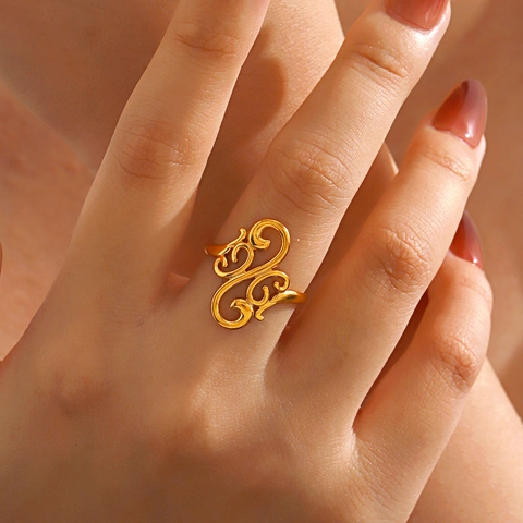 Hollow Out Filigree Ring Stainless Steel Geometric Pattern Adjustable Open Band Jewelry Ethnic Vintage Style For Women